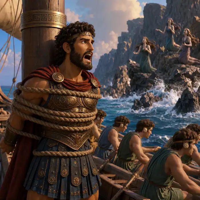 Odysseus straining against ropes as sailors row near the Sirens’ shore