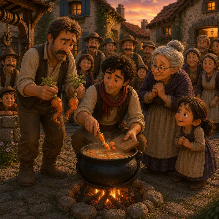 Mr Barley brings carrots as the Stone Soup traveler adds sliced carrots to the pot