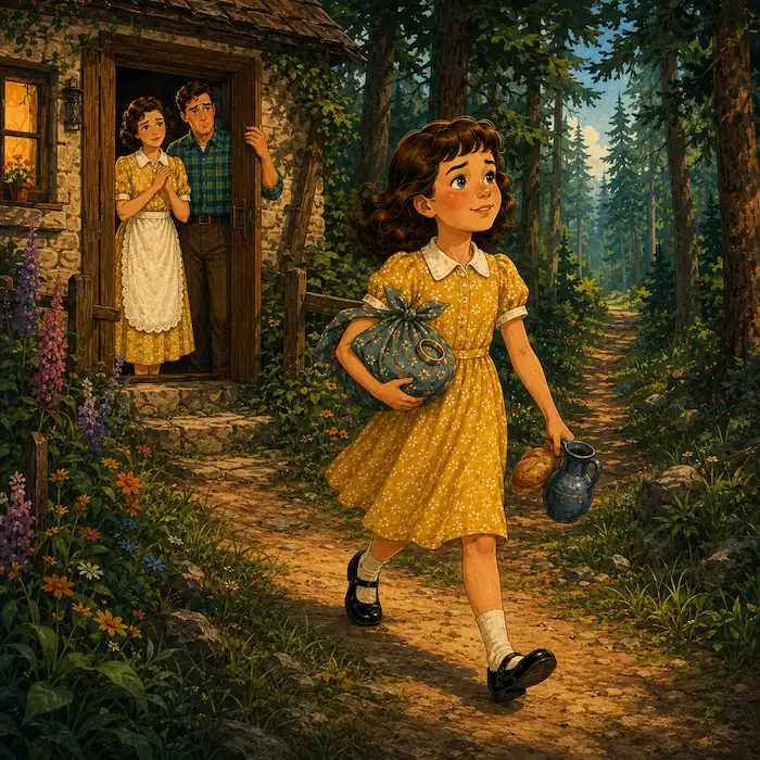 The Seven Ravens story illustration showing a girl in a yellow dress carrying a bundle and water jug as she walks into the forest.