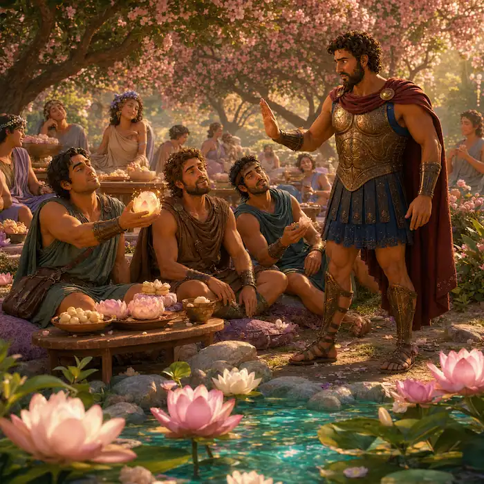 Odysseus raises his hand and refuses lotus food offered by dreamy sailors