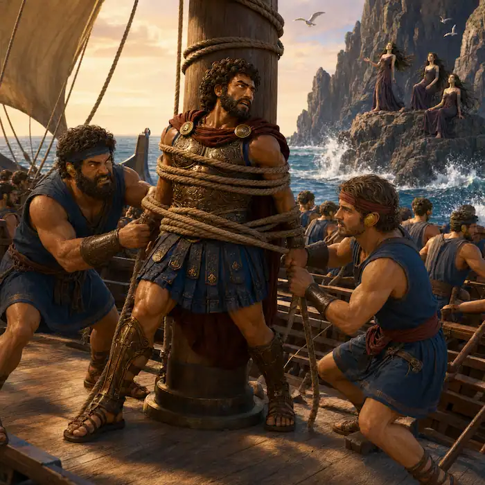 Sailors tightening the ropes around Odysseus to keep the ship safe
