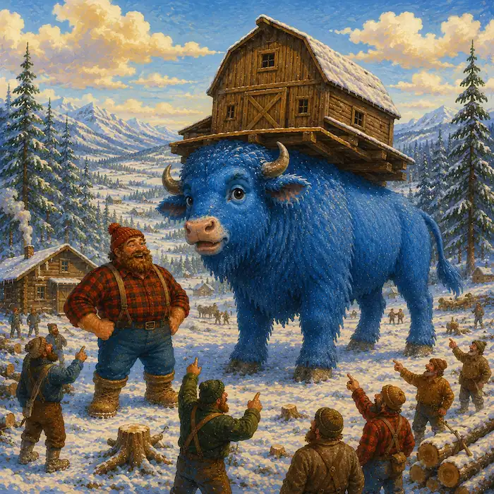 Babe the Blue Ox stands in the snowy valley with a barn balanced on his back while Paul and the crew look on.