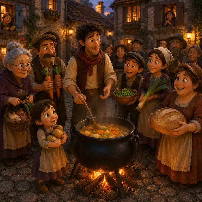 Villagers bring potatoes, peas, leeks, bread and carrots to a bubbling soup pot