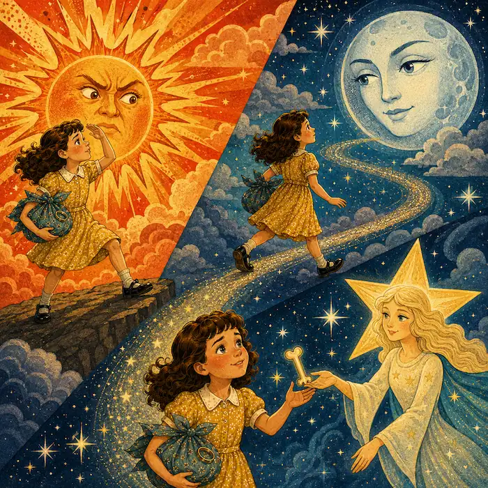The Seven Ravens story illustration showing a girl in magical skies meeting a fierce sun, a gentle moon and a star maiden with a key.