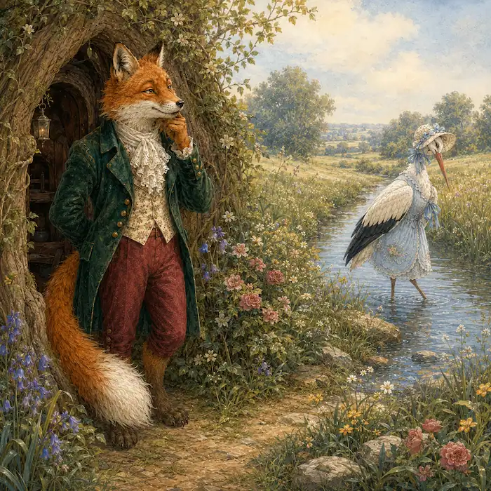 Fox smiles as he invites Stork to supper beside a sunny woodland stream