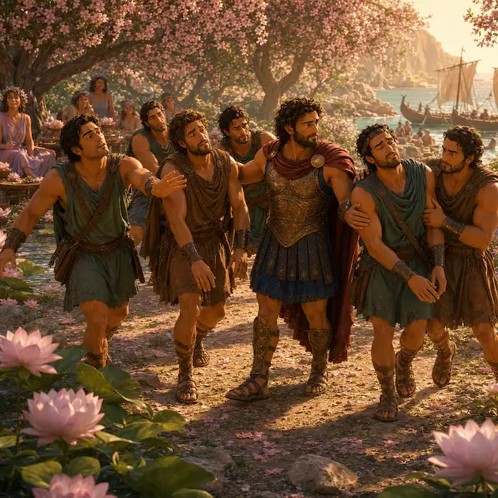Odysseus and his crew guide forgetful sailors away from the lotus island