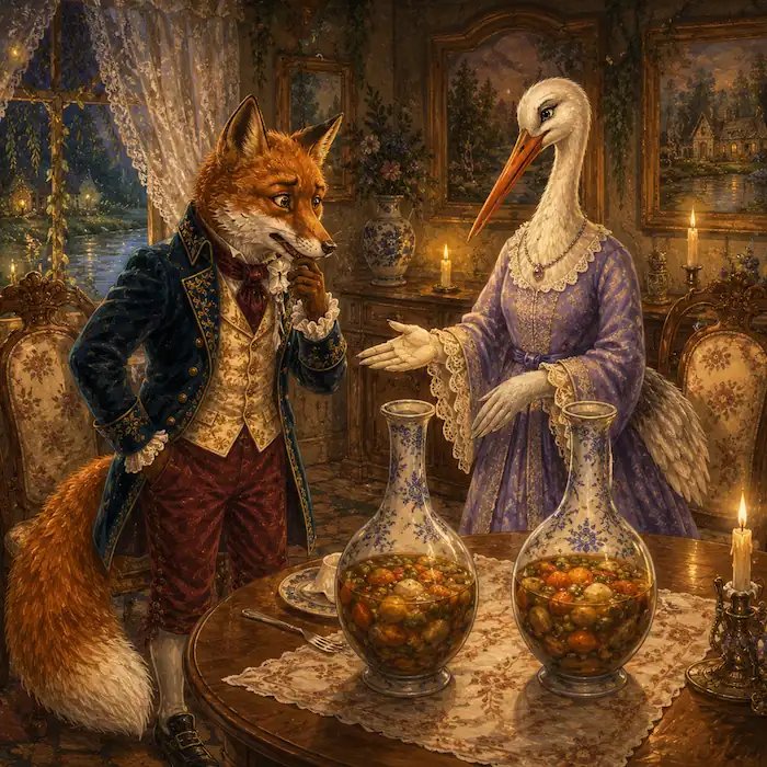 Fox tries to eat stew from a tall narrow jar but cannot fit his nose inside