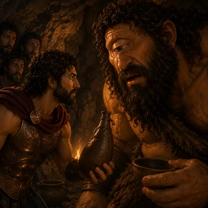 Polyphemus drinking in the cave while Odysseus and sailors watch carefully