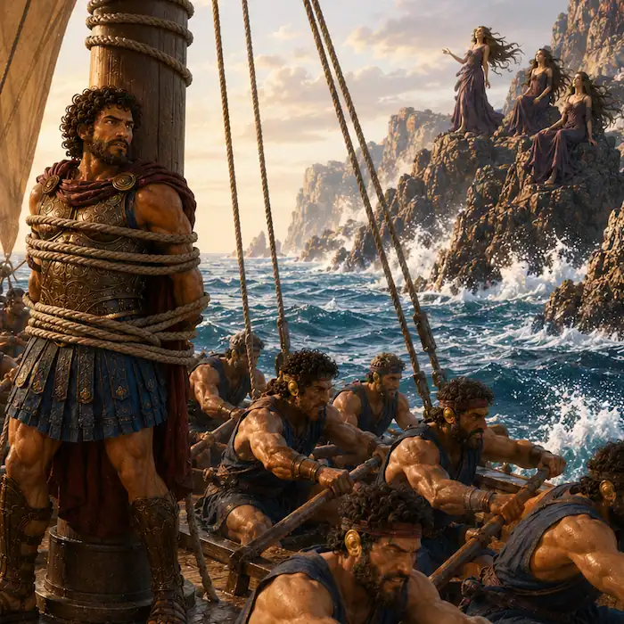 Sailors rowing hard past rocks while Odysseus remains tied to the mast