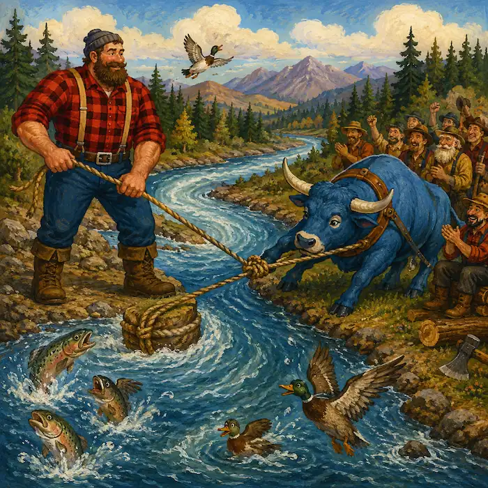 Paul Bunyan and Babe the Blue Ox work beside a rushing river while the logging crew and ducks watch.
