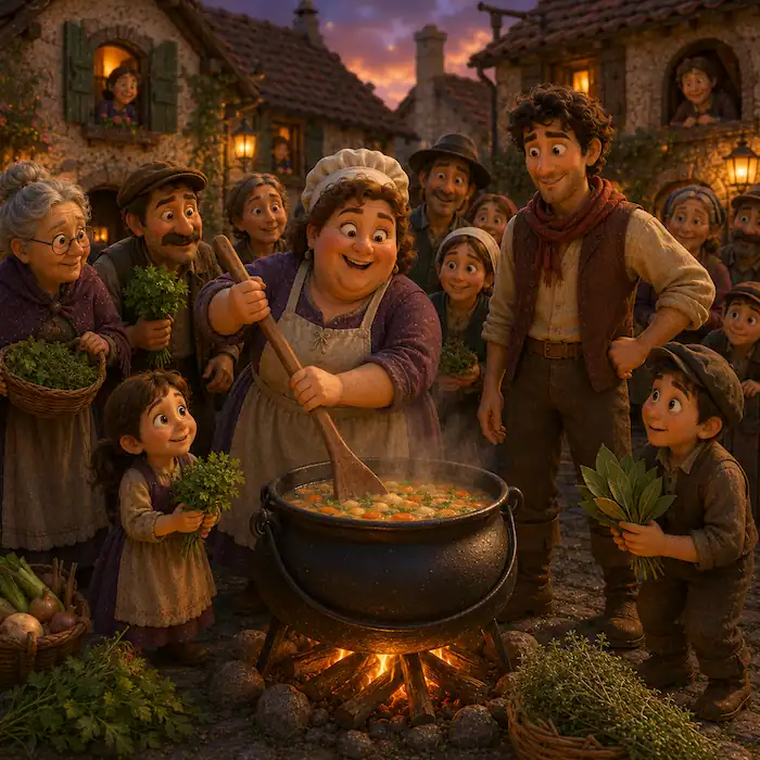 Cook Mallow stirs the Stone Soup pot while children and villagers bring herbs