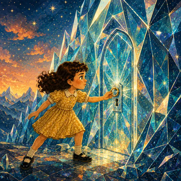 The Seven Ravens story illustration showing a girl pressing a glowing ring to the door of a sparkling glass mountain under a starry sky.