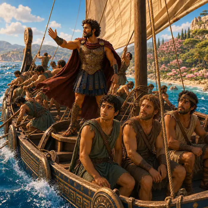 Odysseus gives an order from the ship as sailors row away from the lotus island