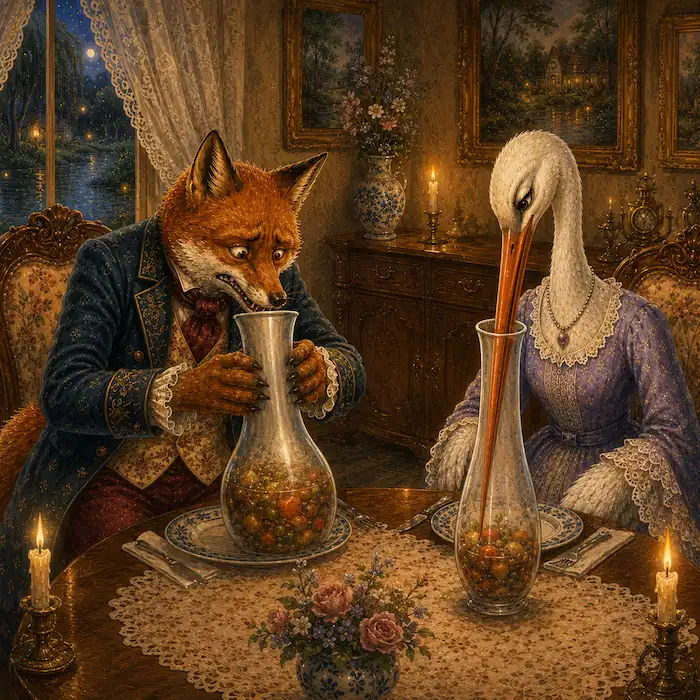Fox looks sorry as he understands the lesson Stork has taught him