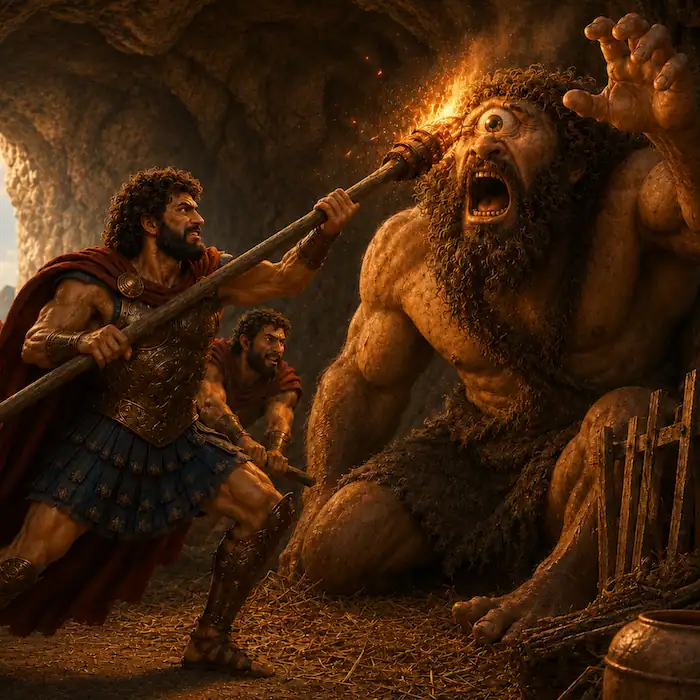 Odysseus and sailors carrying out their escape plan while the Cyclops sleeps
