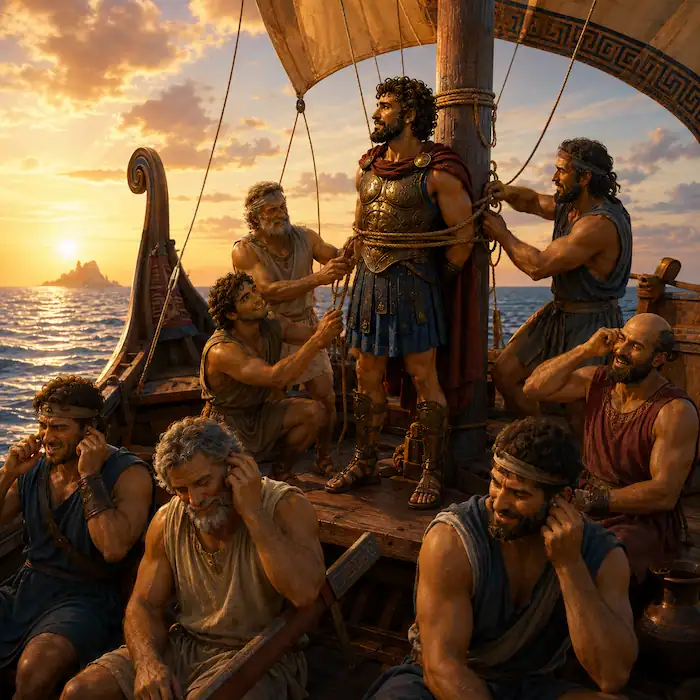 Odysseus and his sailors safe on the ship after passing the Sirens