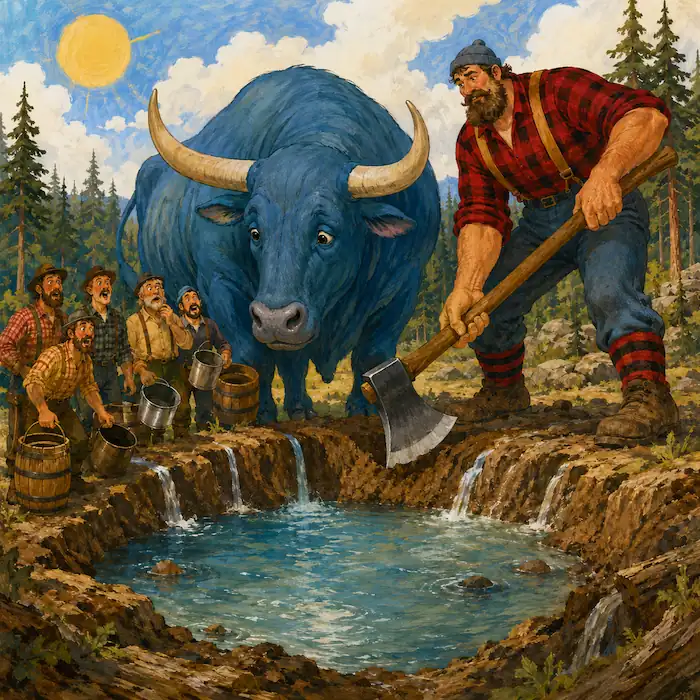 Paul Bunyan works beside Babe the Blue Ox at a bright blue pool while the crew watches the tall-tale landscape take shape.