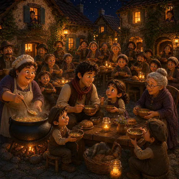 The whole village eats Stone Soup together at outdoor tables under the stars