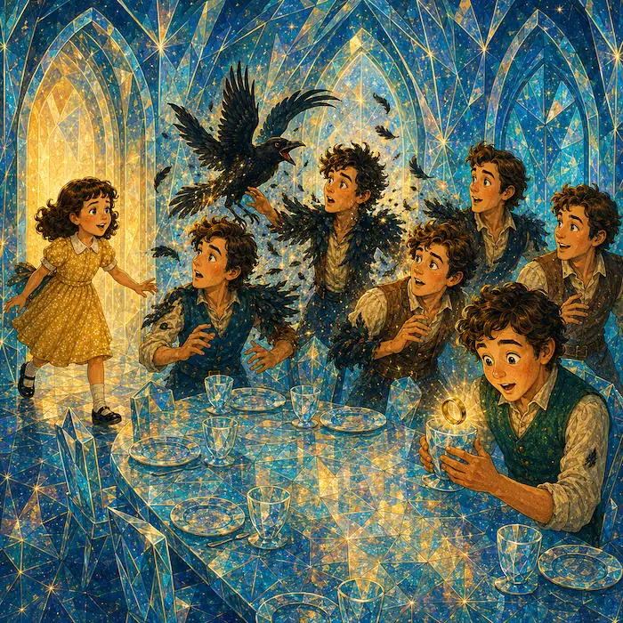 The Seven Ravens story illustration showing a girl inside a glittering glass hall as seven brothers and a black raven gather around a table.