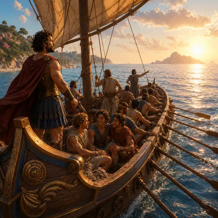 Odysseus watches the sunset from a ship as his sailors row toward the open sea