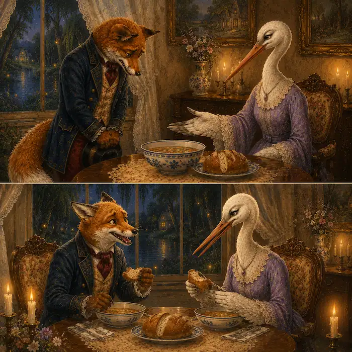 Fox and Stork share food from a bowl after Fox learns to be fair and kind