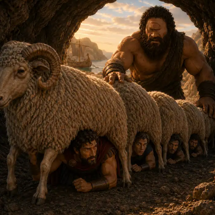 Odysseus and his sailors escaping under sheep while Polyphemus checks the flock