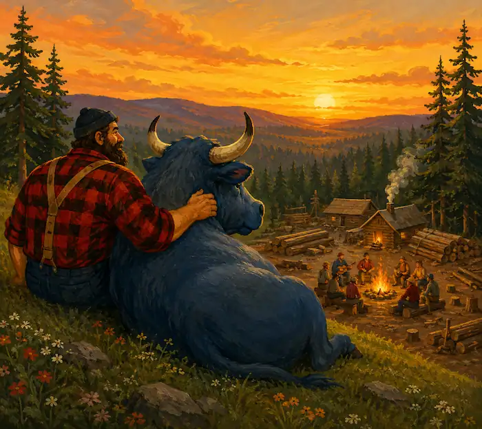 Paul Bunyan and Babe the Blue Ox rest on a hillside at sunset above the forest camp.
