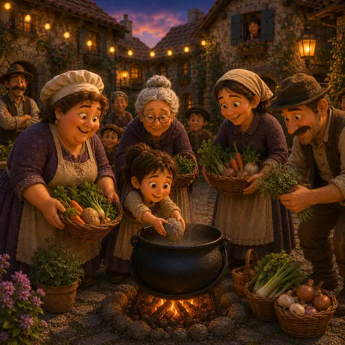 Pip places the smooth gray stone into the pot while villagers hold baskets of vegetables