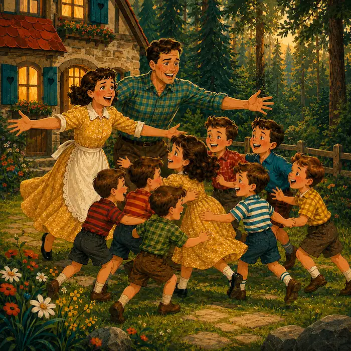 The Seven Ravens story illustration showing the mother, father and seven brothers joyfully welcoming the girl home outside the forest cottage.