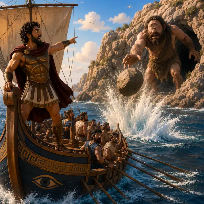 Odysseus and his sailors rowing away from the Cyclops on their ship