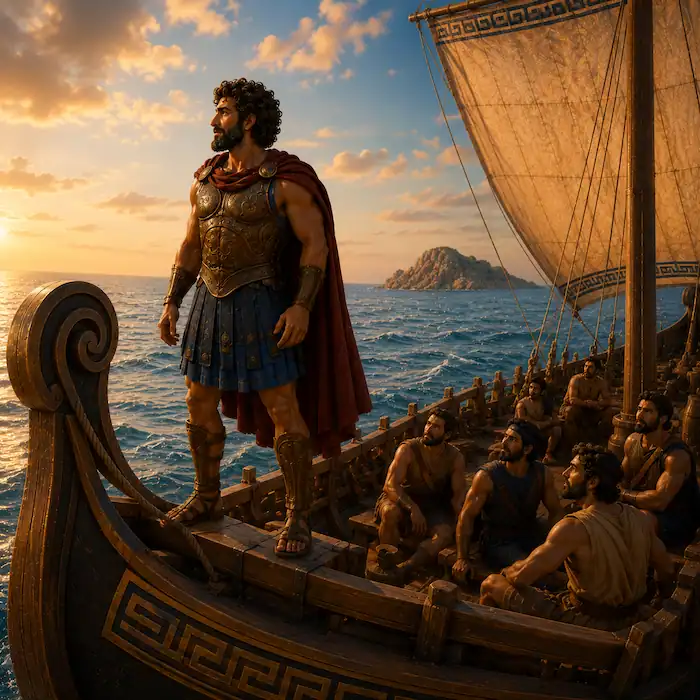 Odysseus standing on the ship as his sailors sail onward after escaping