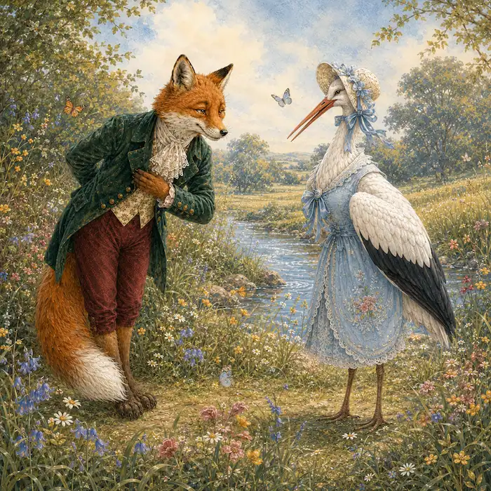 Stork arrives at Fox’s woodland den for supper at sunset