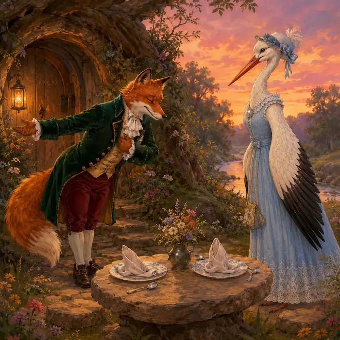 Fox serves soup on shallow plates that Stork cannot eat from with her long beak