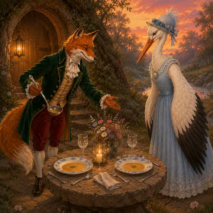 Stork taps her long beak on a shallow plate while Fox eats his soup