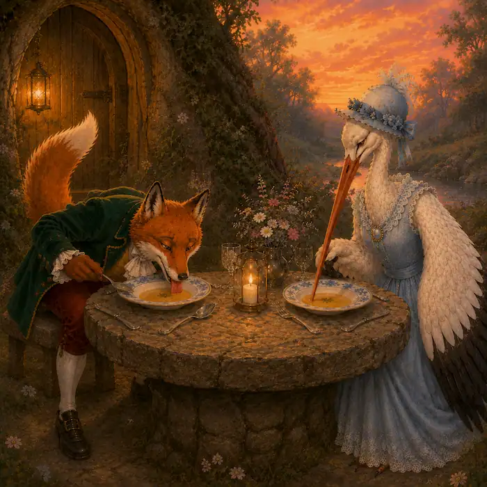 Stork leaves Fox’s den after eating almost nothing from the shallow plate