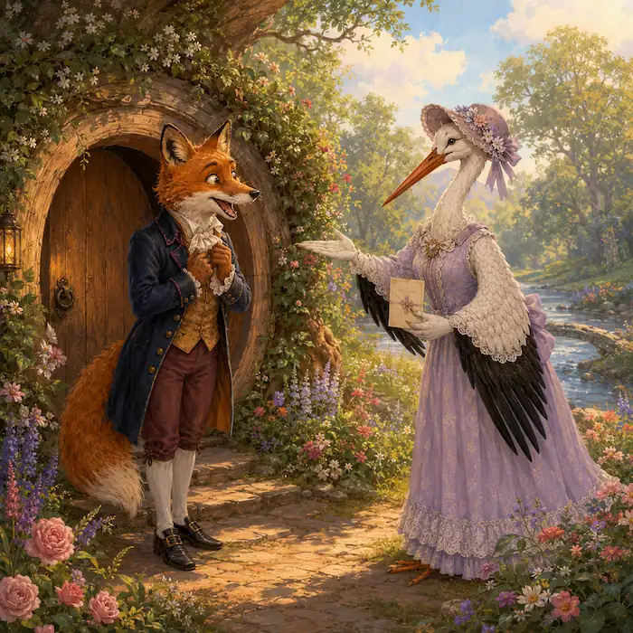 Hungry Fox walks to Stork’s home by the stream for supper