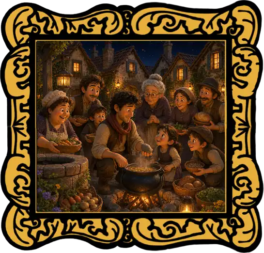 Stone Soup read aloud cover art for the Kooky Kids World audio story