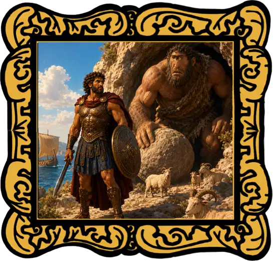 Audio cover for Odysseus and the Cyclops with Odysseus, the ship and rocky island