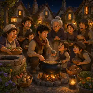 Villagers gather around a cooking pot in the Stone Soup story for kids