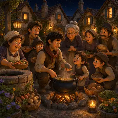 Villagers gather around a cooking pot in the Stone Soup story for kids