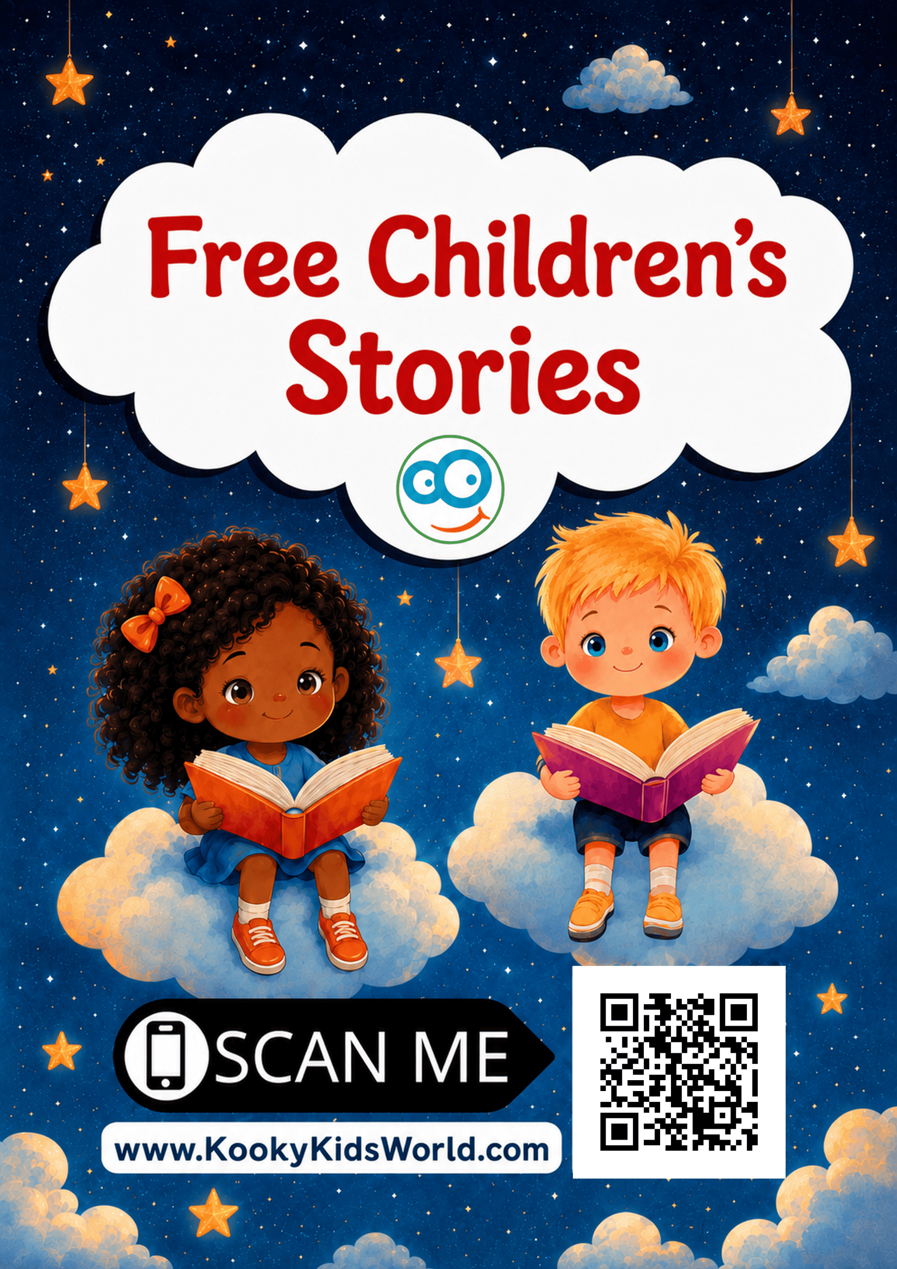 Kooky Kids World poster promoting free children’s stories and read-aloud audio for families