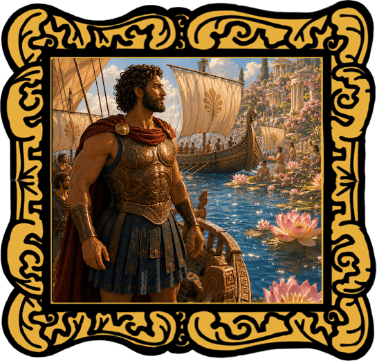 Audio cover showing Odysseus on a Greek ship beside a lotus-filled island
