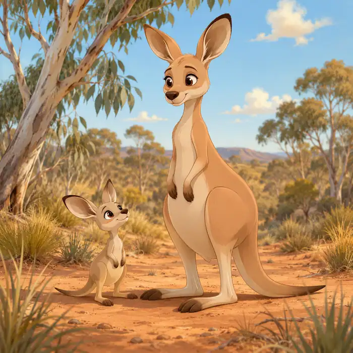 Kangaroo and Joey in the Australian bush in How Kangaroo Got Her Pouch