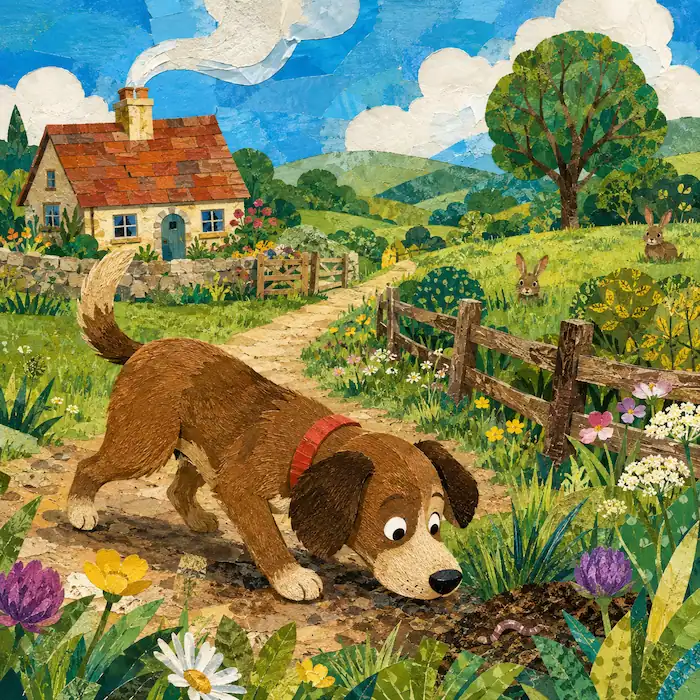 A happy dog finds a bone beside a sunny country path
