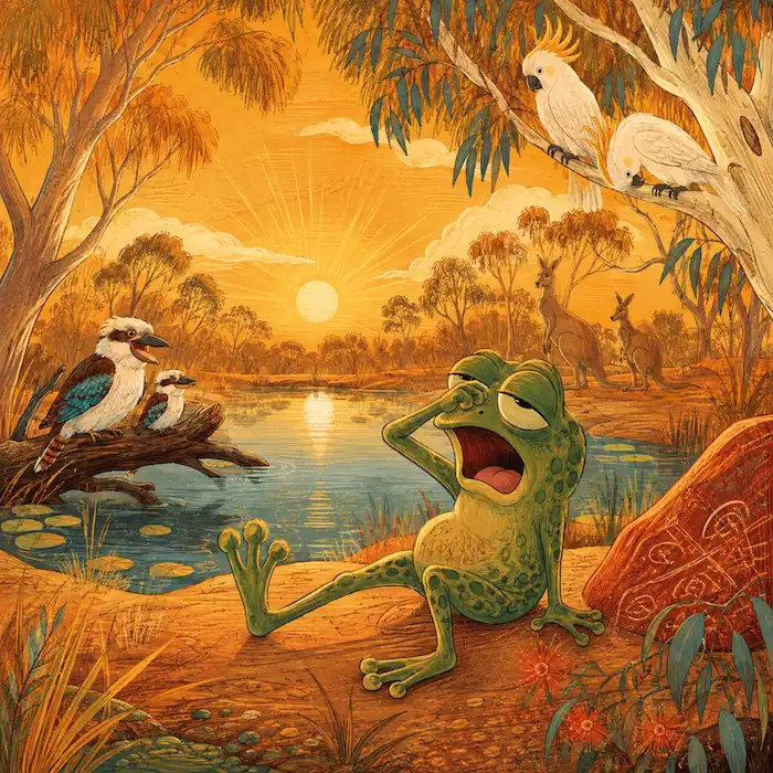 Tiddalik the frog wakes beside a billabong at sunrise with kookaburras and cockatoos nearby