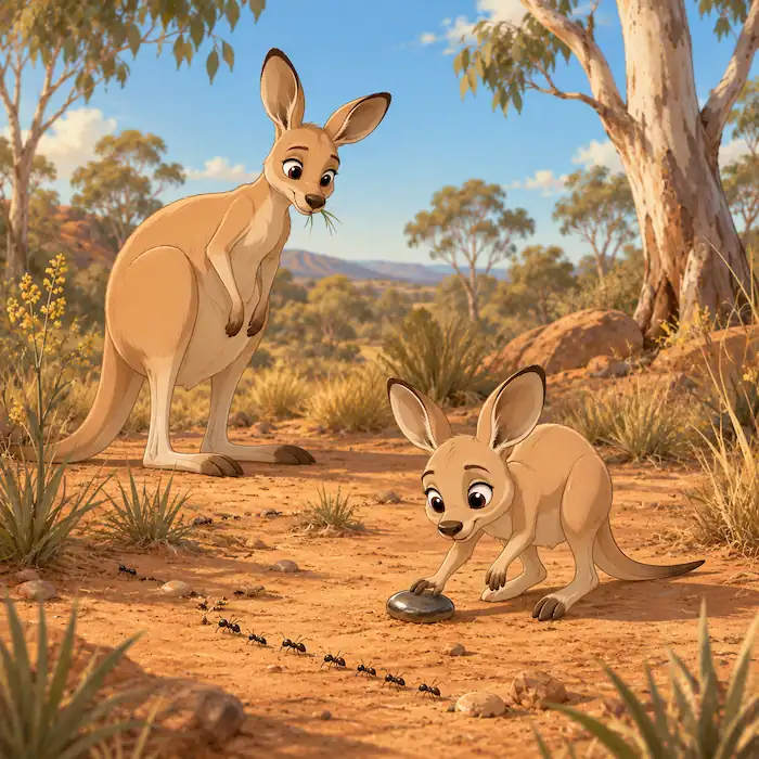 Joey exploring the grass while Kangaroo watches nearby