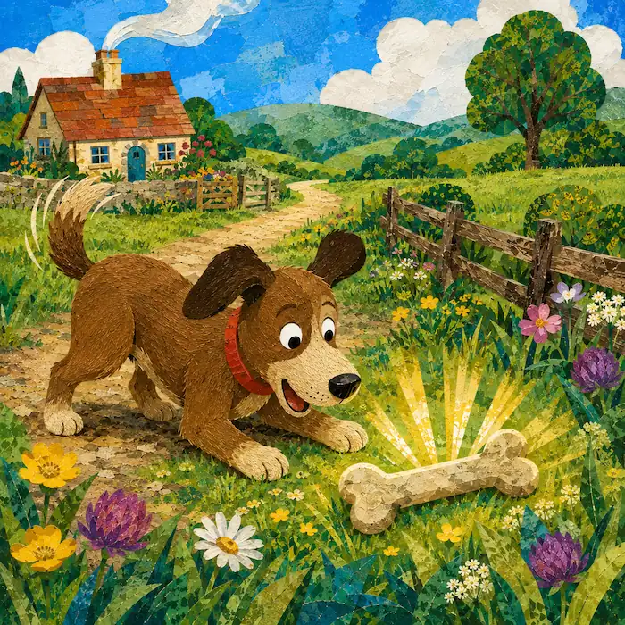 Dog proudly carries a bone along a country path