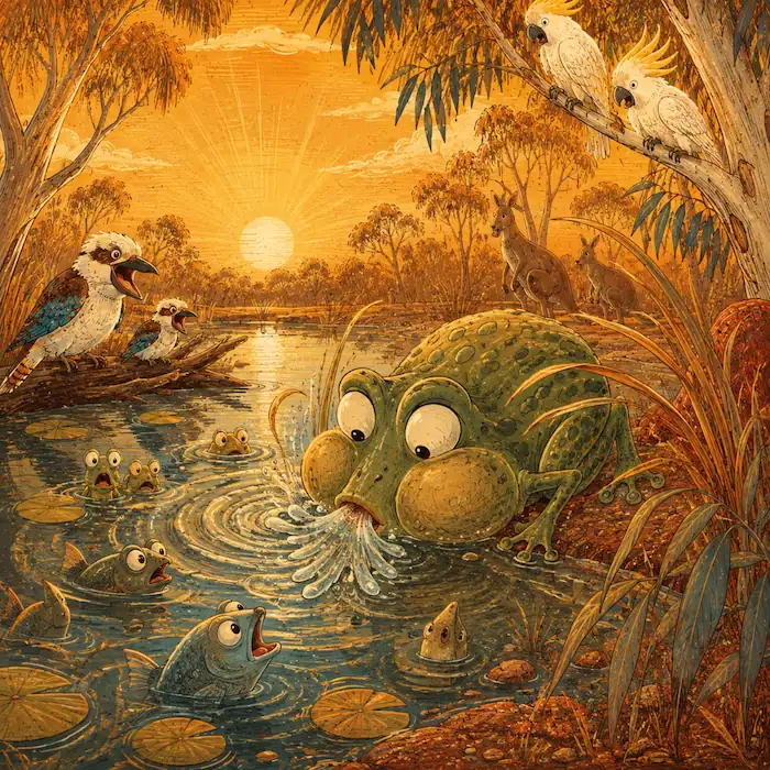 Tiddalik drinks from the billabong while fish, birds and kangaroos watch