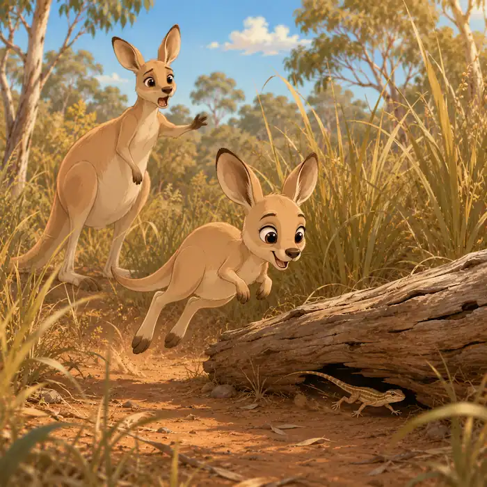 Kangaroo and Joey looking for food near a dry creek bed