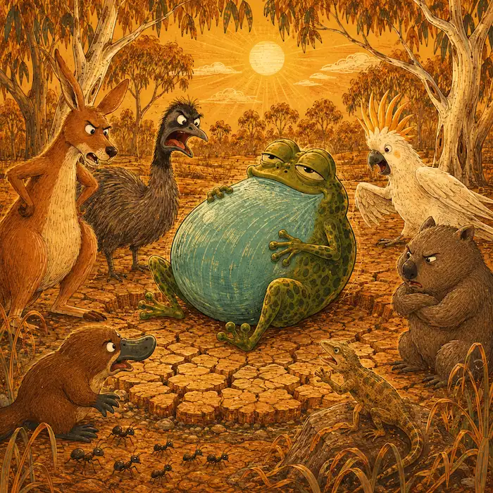 Kangaroo, Emu, Cockatoo, Platypus and Wombat gather around Tiddalik and his huge belly